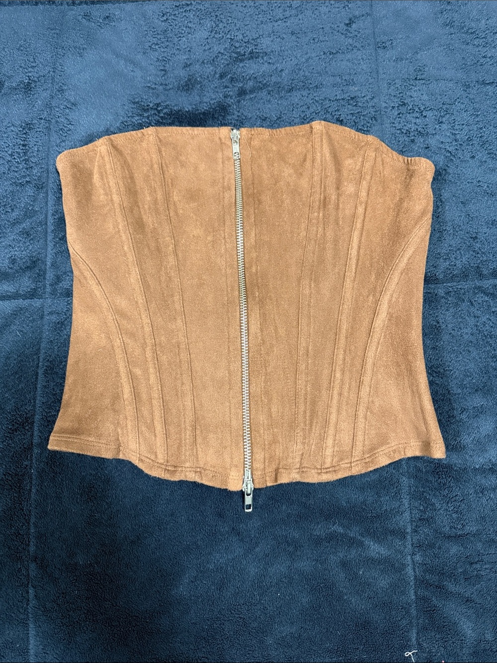 Suede Strapless Corset Top with Front Zip - Brown